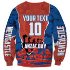 Personalized Newcastle Knights ANZAC Tribute Sweatshirt Poppy Field Soldier Silhouette Aboriginal Rugby Mascot