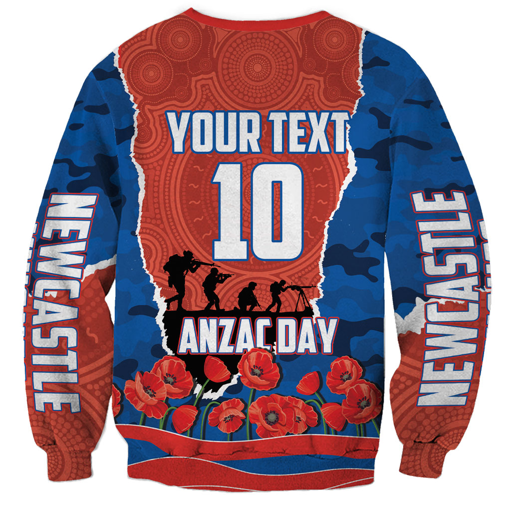Personalized Newcastle Knights ANZAC Tribute Sweatshirt Poppy Field Soldier Silhouette Aboriginal Rugby Mascot