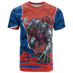 Personalized Newcastle Knights ANZAC Tribute T Shirt Poppy Field Soldier Silhouette Aboriginal Rugby Mascot