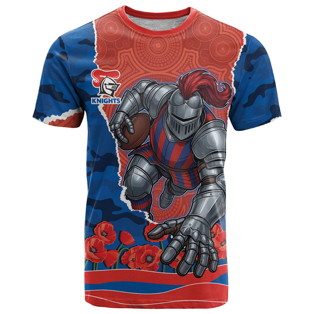 Personalized Newcastle Knights ANZAC Tribute T Shirt Poppy Field Soldier Silhouette Aboriginal Rugby Mascot