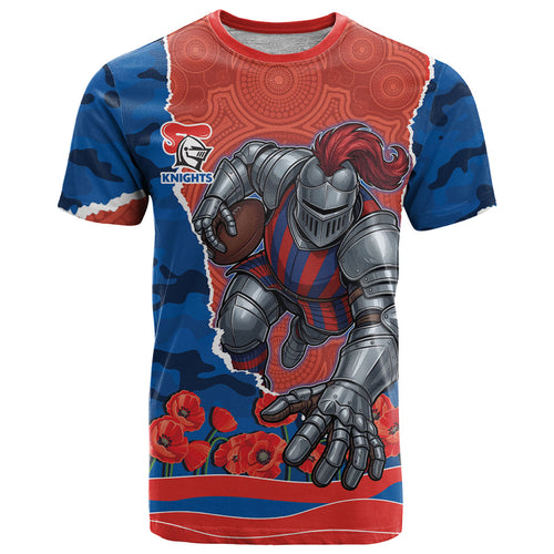 Personalized Newcastle Knights ANZAC Tribute T Shirt Poppy Field Soldier Silhouette Aboriginal Rugby Mascot