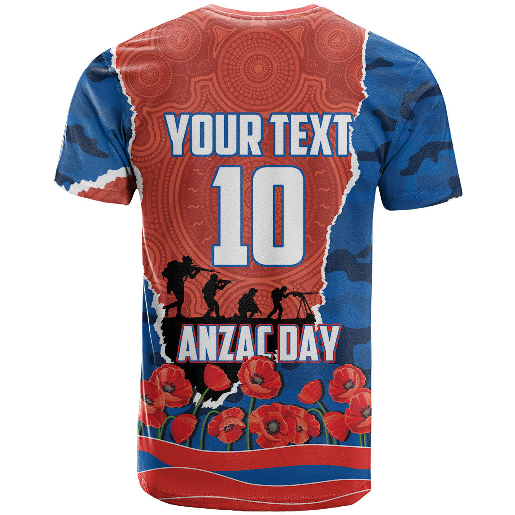 Personalized Newcastle Knights ANZAC Tribute T Shirt Poppy Field Soldier Silhouette Aboriginal Rugby Mascot
