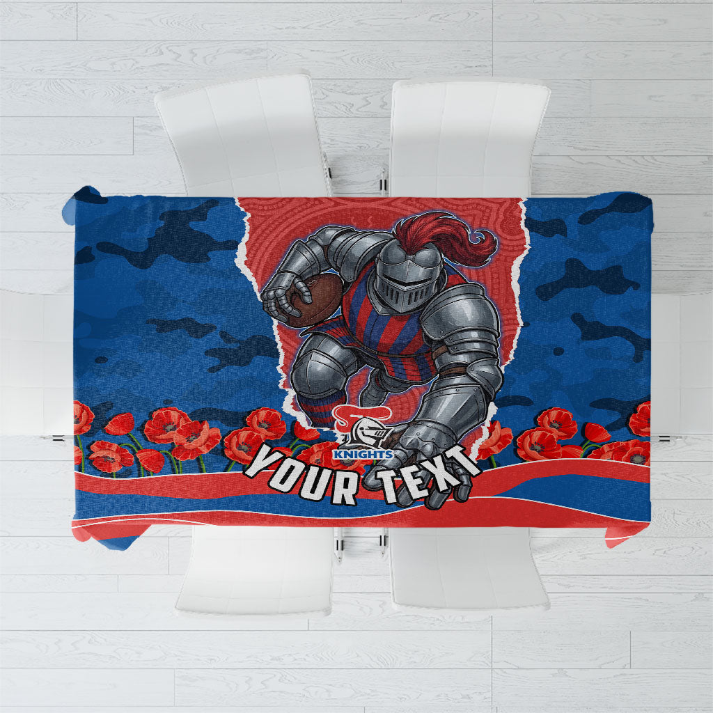 Personalized Newcastle Knights ANZAC Tribute Tablecloth Poppy Field Soldier Silhouette Aboriginal Rugby Mascot