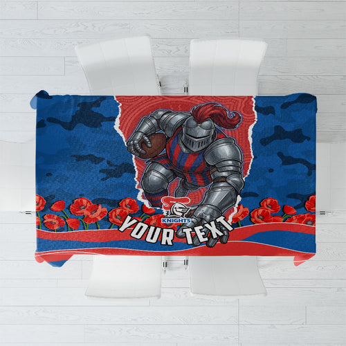 Personalized Newcastle Knights ANZAC Tribute Tablecloth Poppy Field Soldier Silhouette Aboriginal Rugby Mascot