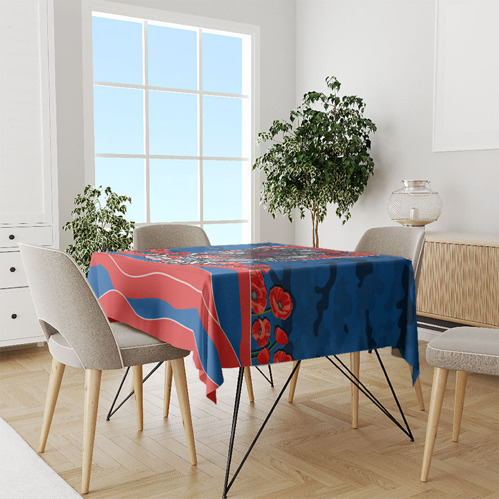 Personalized Newcastle Knights ANZAC Tribute Tablecloth Poppy Field Soldier Silhouette Aboriginal Rugby Mascot