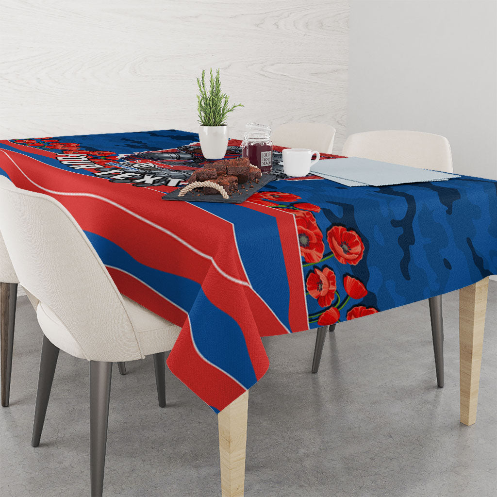Personalized Newcastle Knights ANZAC Tribute Tablecloth Poppy Field Soldier Silhouette Aboriginal Rugby Mascot