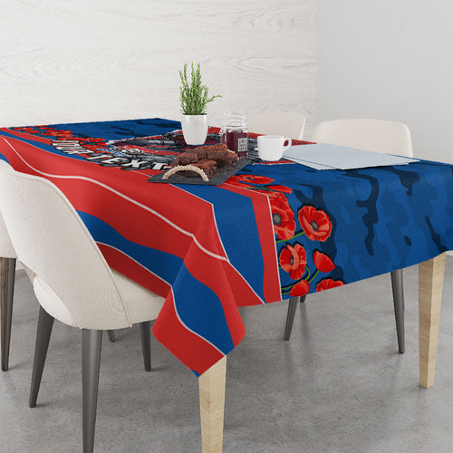 Personalized Newcastle Knights ANZAC Tribute Tablecloth Poppy Field Soldier Silhouette Aboriginal Rugby Mascot