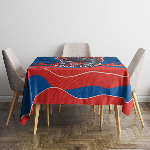 Personalized Newcastle Knights ANZAC Tribute Tablecloth Poppy Field Soldier Silhouette Aboriginal Rugby Mascot