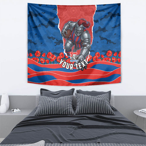 Personalized Newcastle Knights ANZAC Tribute Tapestry Poppy Field Soldier Silhouette Aboriginal Rugby Mascot
