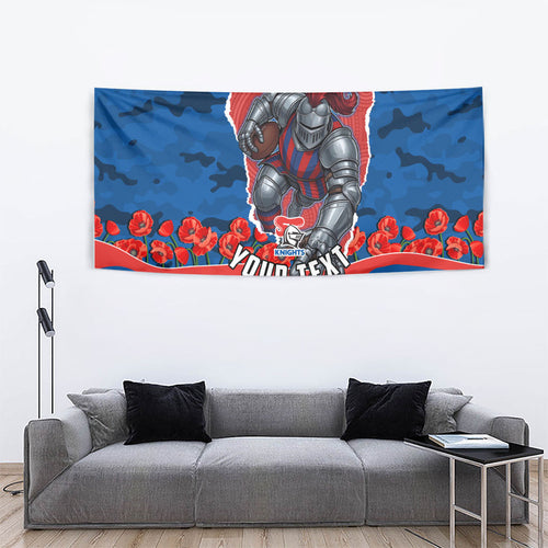 Personalized Newcastle Knights ANZAC Tribute Tapestry Poppy Field Soldier Silhouette Aboriginal Rugby Mascot
