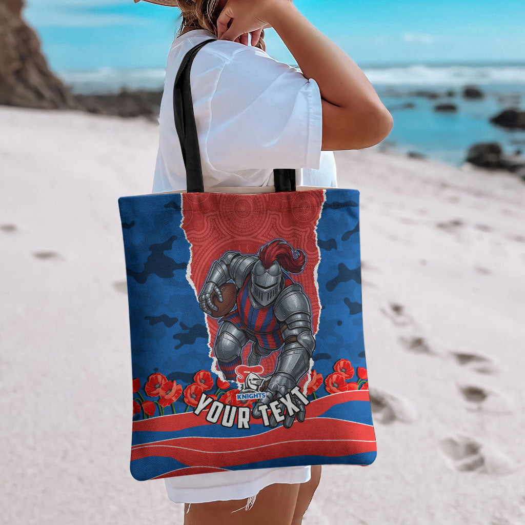 Personalized Newcastle Knights ANZAC Tribute Tote Bag Poppy Field Soldier Silhouette Aboriginal Rugby Mascot