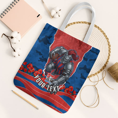 Personalized Newcastle Knights ANZAC Tribute Tote Bag Poppy Field Soldier Silhouette Aboriginal Rugby Mascot