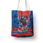 Personalized Newcastle Knights ANZAC Tribute Tote Bag Poppy Field Soldier Silhouette Aboriginal Rugby Mascot