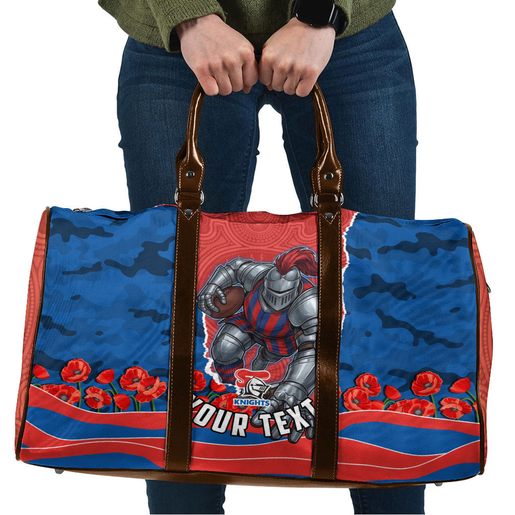 Personalized Newcastle Knights ANZAC Tribute Travel Bag Poppy Field Soldier Silhouette Aboriginal Rugby Mascot