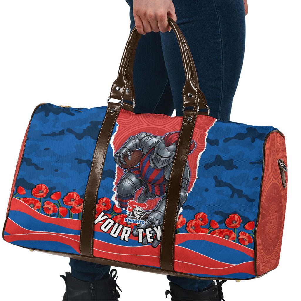 Personalized Newcastle Knights ANZAC Tribute Travel Bag Poppy Field Soldier Silhouette Aboriginal Rugby Mascot