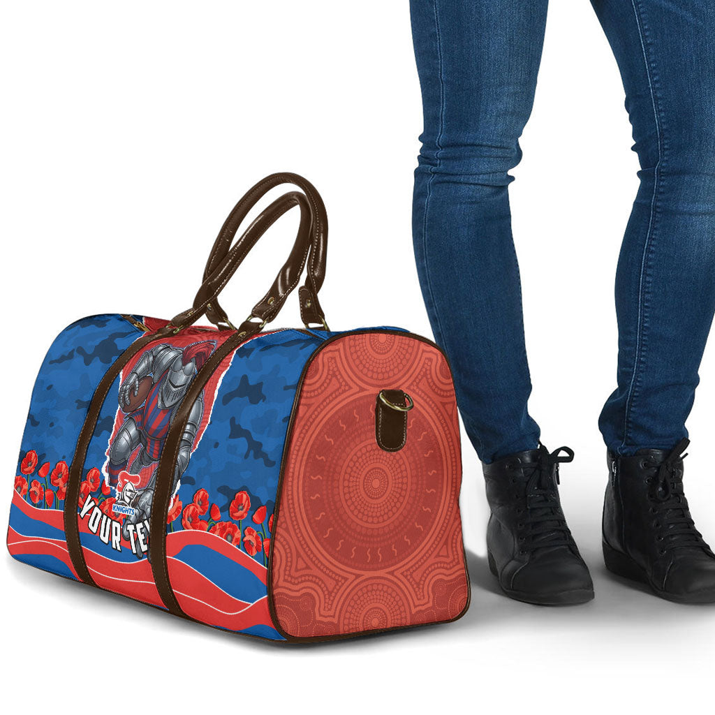 Personalized Newcastle Knights ANZAC Tribute Travel Bag Poppy Field Soldier Silhouette Aboriginal Rugby Mascot