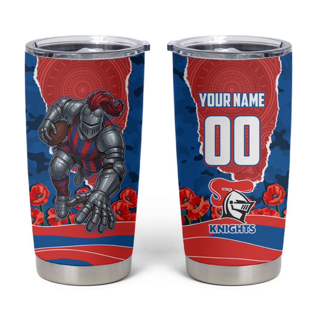 Personalized Newcastle Knights ANZAC Tribute Tumbler Cup Poppy Field Soldier Silhouette Aboriginal Rugby Mascot
