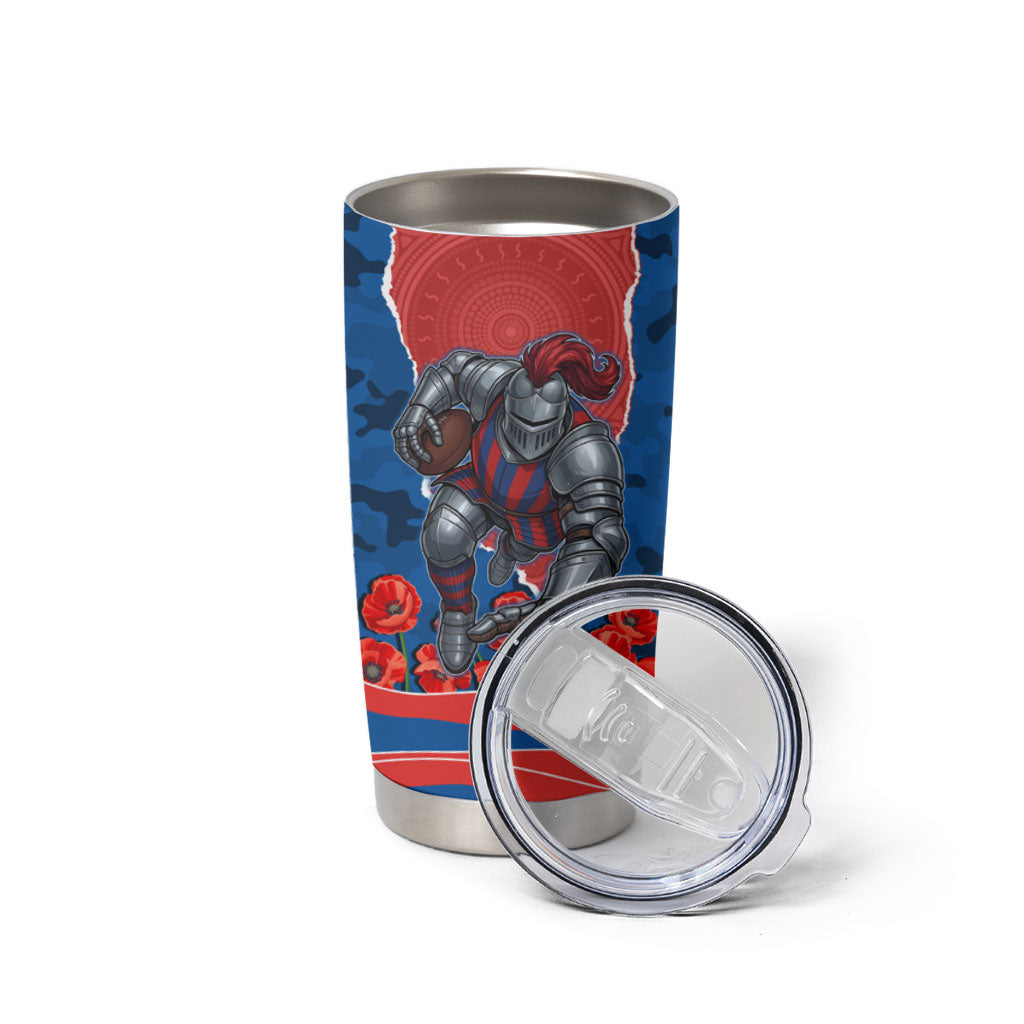 Personalized Newcastle Knights ANZAC Tribute Tumbler Cup Poppy Field Soldier Silhouette Aboriginal Rugby Mascot