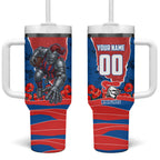 Personalized Newcastle Knights ANZAC Tribute Tumbler With Handle Poppy Field Soldier Silhouette Aboriginal Rugby Mascot
