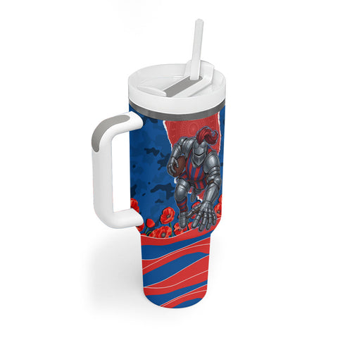 Personalized Newcastle Knights ANZAC Tribute Tumbler With Handle Poppy Field Soldier Silhouette Aboriginal Rugby Mascot