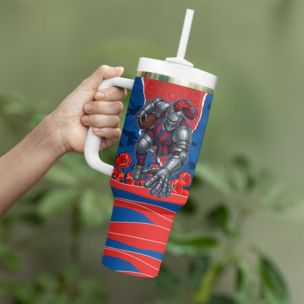 Personalized Newcastle Knights ANZAC Tribute Tumbler With Handle Poppy Field Soldier Silhouette Aboriginal Rugby Mascot