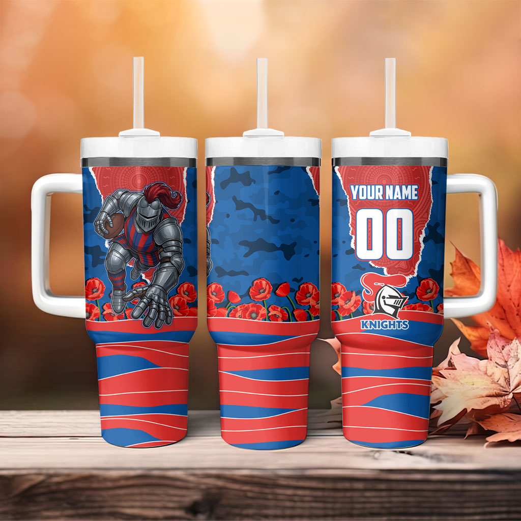 Personalized Newcastle Knights ANZAC Tribute Tumbler With Handle Poppy Field Soldier Silhouette Aboriginal Rugby Mascot