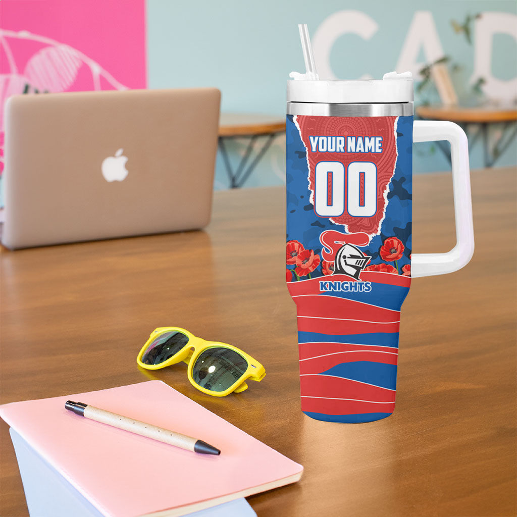 Personalized Newcastle Knights ANZAC Tribute Tumbler With Handle Poppy Field Soldier Silhouette Aboriginal Rugby Mascot
