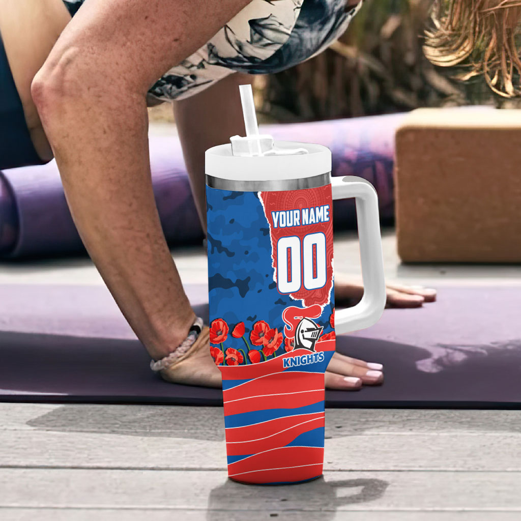 Personalized Newcastle Knights ANZAC Tribute Tumbler With Handle Poppy Field Soldier Silhouette Aboriginal Rugby Mascot