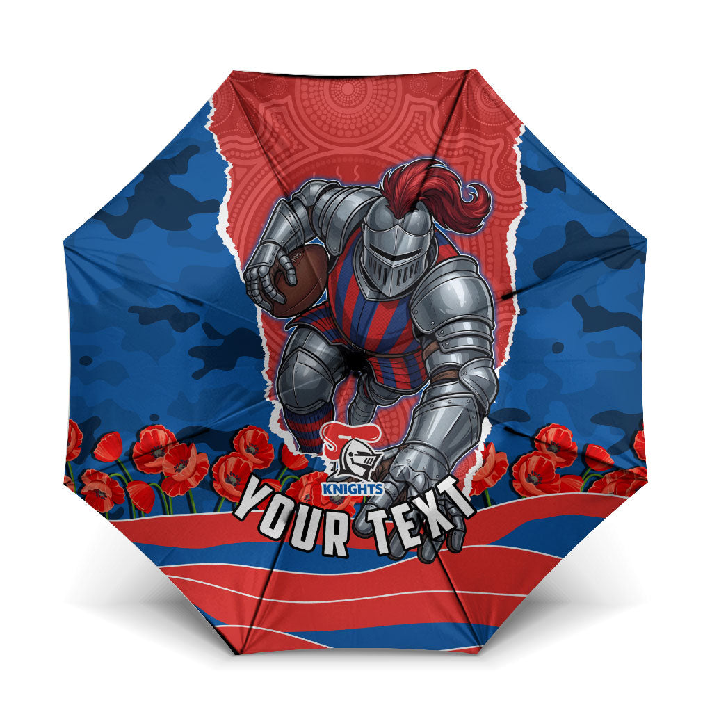 Personalized Newcastle Knights ANZAC Tribute Umbrella Poppy Field Soldier Silhouette Aboriginal Rugby Mascot