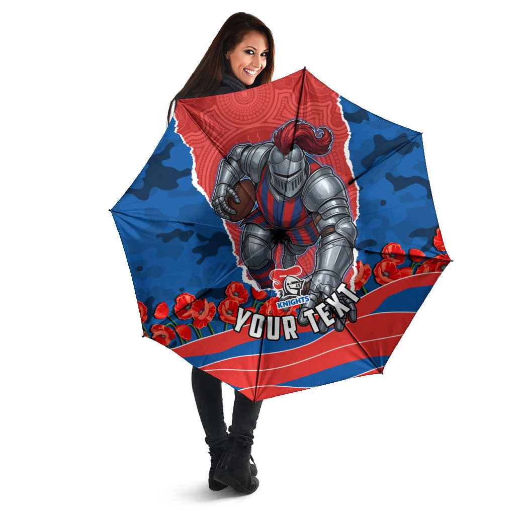 Personalized Newcastle Knights ANZAC Tribute Umbrella Poppy Field Soldier Silhouette Aboriginal Rugby Mascot