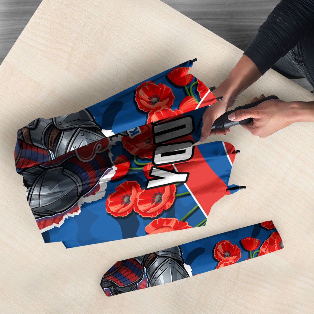 Personalized Newcastle Knights ANZAC Tribute Umbrella Poppy Field Soldier Silhouette Aboriginal Rugby Mascot