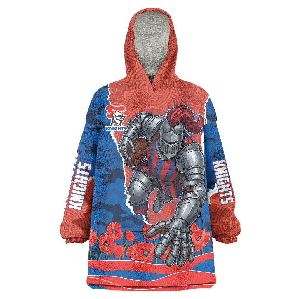 Personalized Newcastle Knights ANZAC Tribute Wearable Blanket Hoodie Poppy Field Soldier Silhouette Aboriginal Rugby Mascot