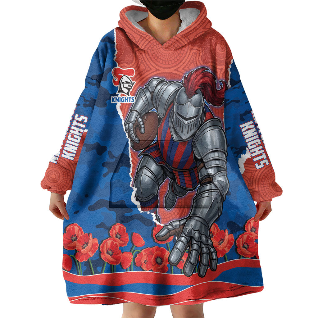 Personalized Newcastle Knights ANZAC Tribute Wearable Blanket Hoodie Poppy Field Soldier Silhouette Aboriginal Rugby Mascot