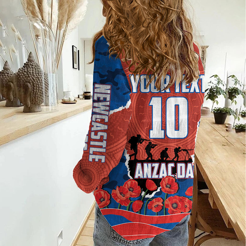 Personalized Newcastle Knights ANZAC Tribute Women Casual Shirt Poppy Field Soldier Silhouette Aboriginal Rugby Mascot