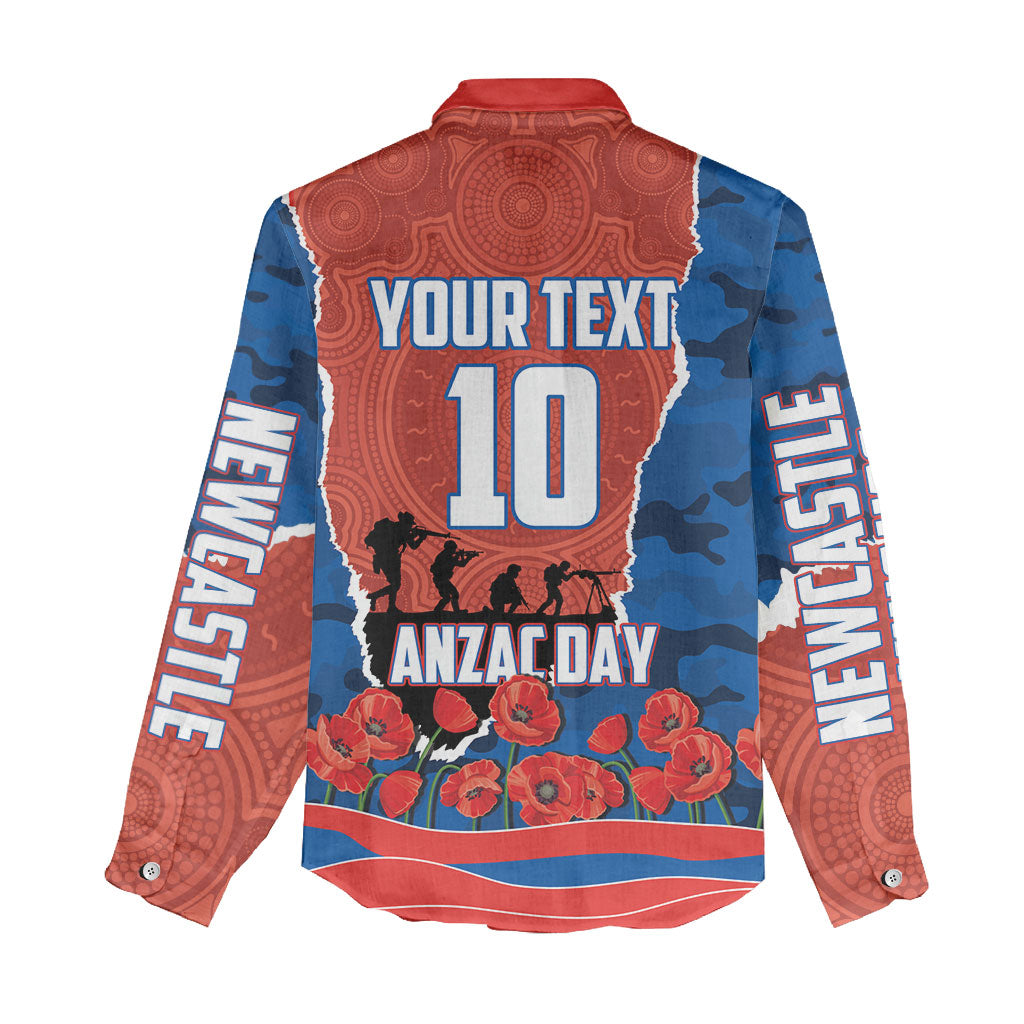 Personalized Newcastle Knights ANZAC Tribute Women Casual Shirt Poppy Field Soldier Silhouette Aboriginal Rugby Mascot