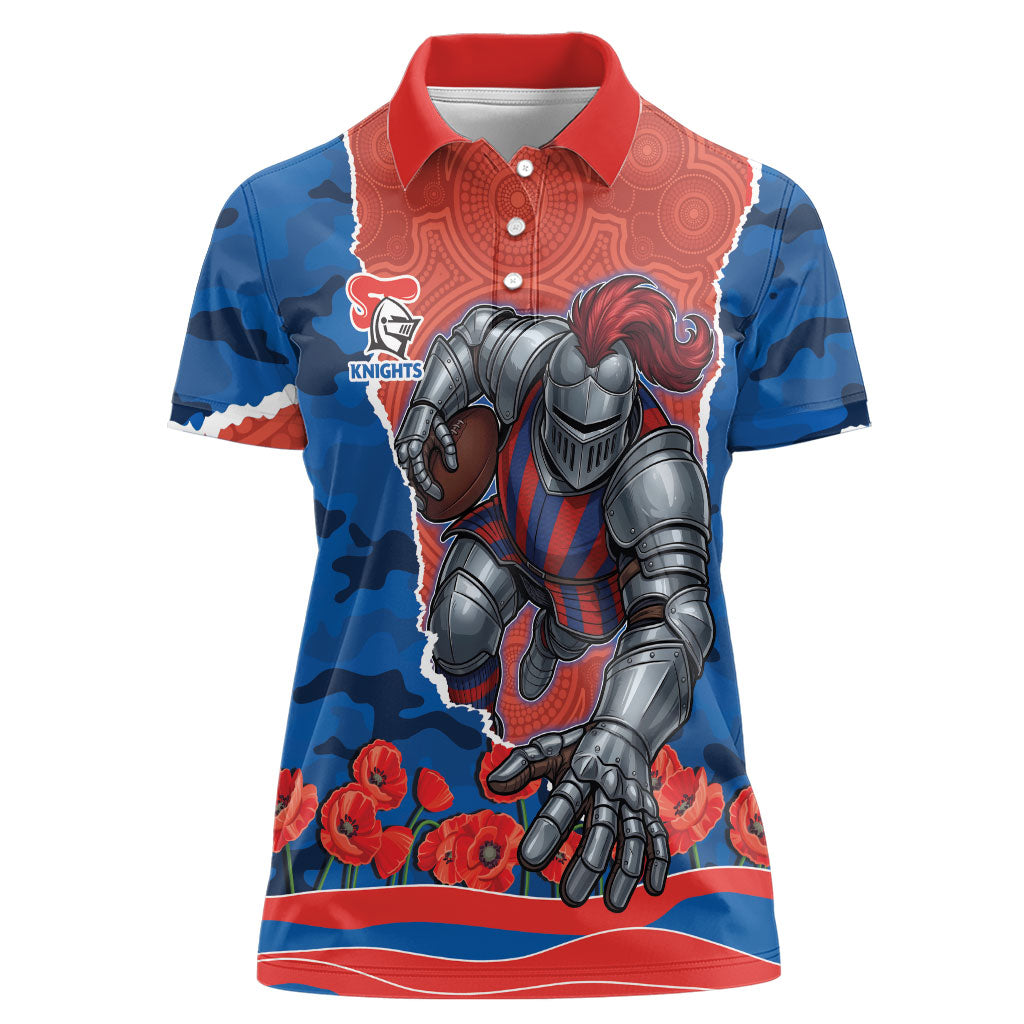 Personalized Newcastle Knights ANZAC Tribute Women Polo Shirt Poppy Field Soldier Silhouette Aboriginal Rugby Mascot