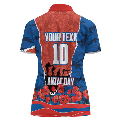 Personalized Newcastle Knights ANZAC Tribute Women Polo Shirt Poppy Field Soldier Silhouette Aboriginal Rugby Mascot