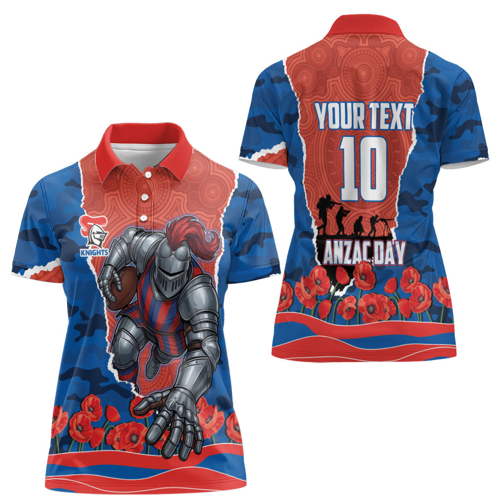 Personalized Newcastle Knights ANZAC Tribute Women Polo Shirt Poppy Field Soldier Silhouette Aboriginal Rugby Mascot