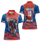 Personalized Newcastle Knights ANZAC Tribute Women Polo Shirt Poppy Field Soldier Silhouette Aboriginal Rugby Mascot
