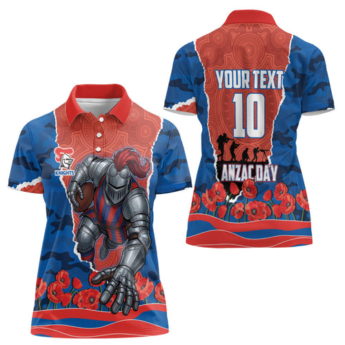 Personalized Newcastle Knights ANZAC Tribute Women Polo Shirt Poppy Field Soldier Silhouette Aboriginal Rugby Mascot