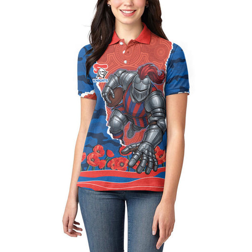 Personalized Newcastle Knights ANZAC Tribute Women Polo Shirt Poppy Field Soldier Silhouette Aboriginal Rugby Mascot