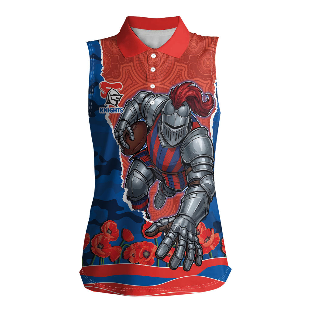 Personalized Newcastle Knights ANZAC Tribute Women Sleeveless Polo Shirt Poppy Field Soldier Silhouette Aboriginal Rugby Mascot