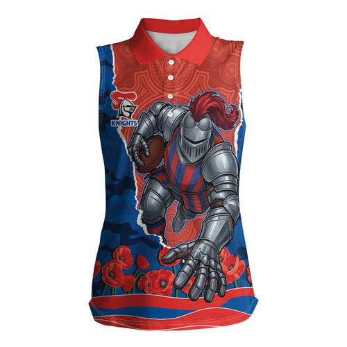 Personalized Newcastle Knights ANZAC Tribute Women Sleeveless Polo Shirt Poppy Field Soldier Silhouette Aboriginal Rugby Mascot