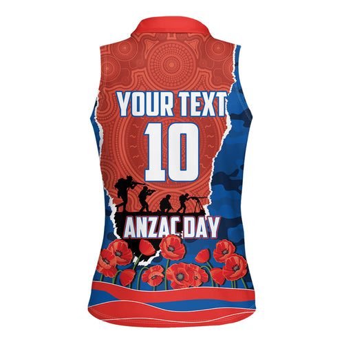 Personalized Newcastle Knights ANZAC Tribute Women Sleeveless Polo Shirt Poppy Field Soldier Silhouette Aboriginal Rugby Mascot