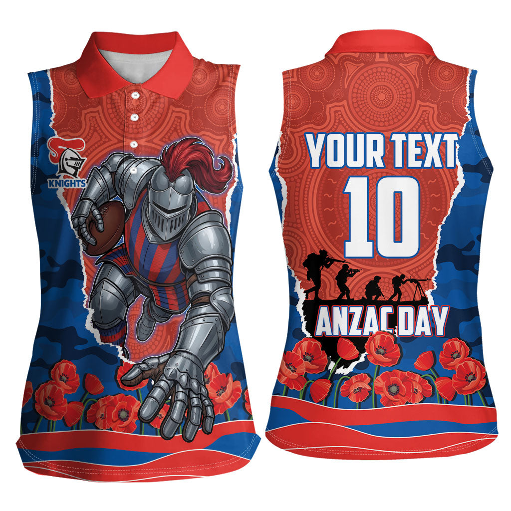 Personalized Newcastle Knights ANZAC Tribute Women Sleeveless Polo Shirt Poppy Field Soldier Silhouette Aboriginal Rugby Mascot