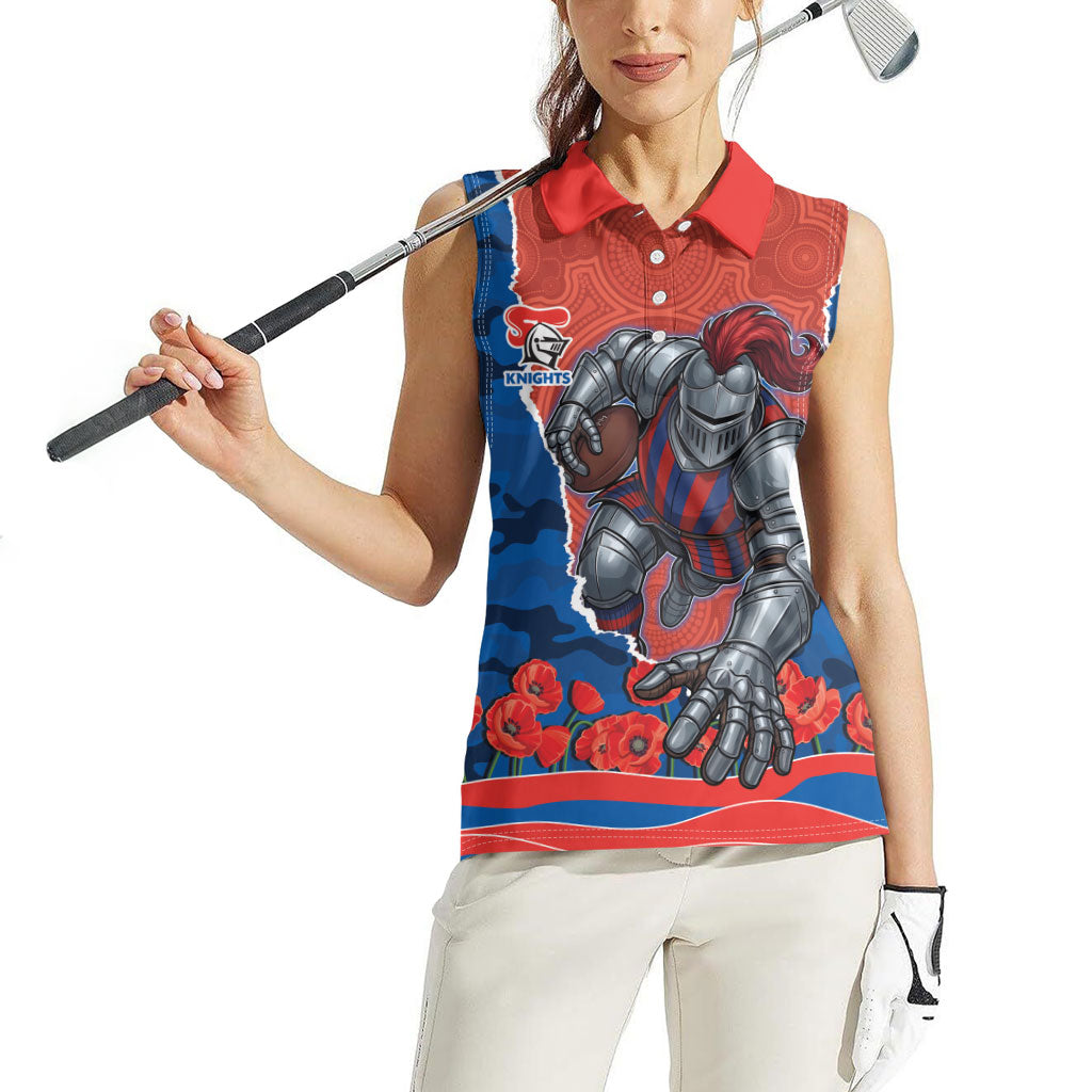 Personalized Newcastle Knights ANZAC Tribute Women Sleeveless Polo Shirt Poppy Field Soldier Silhouette Aboriginal Rugby Mascot