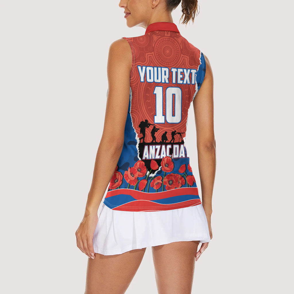 Personalized Newcastle Knights ANZAC Tribute Women Sleeveless Polo Shirt Poppy Field Soldier Silhouette Aboriginal Rugby Mascot