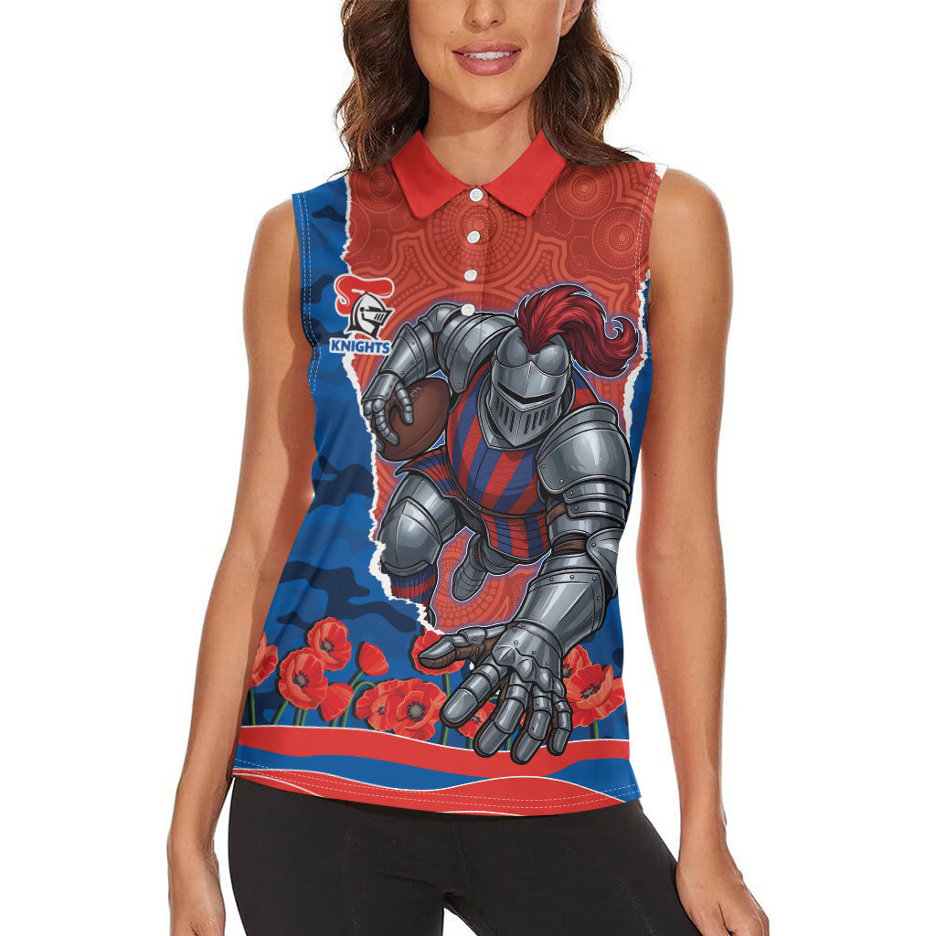 Personalized Newcastle Knights ANZAC Tribute Women Sleeveless Polo Shirt Poppy Field Soldier Silhouette Aboriginal Rugby Mascot