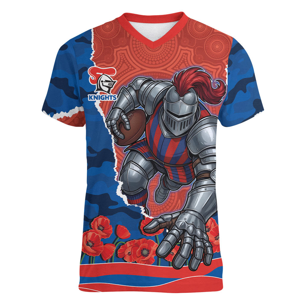 Personalized Newcastle Knights ANZAC Tribute Women V-Neck T-Shirt Poppy Field Soldier Silhouette Aboriginal Rugby Mascot