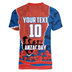 Personalized Newcastle Knights ANZAC Tribute Women V-Neck T-Shirt Poppy Field Soldier Silhouette Aboriginal Rugby Mascot